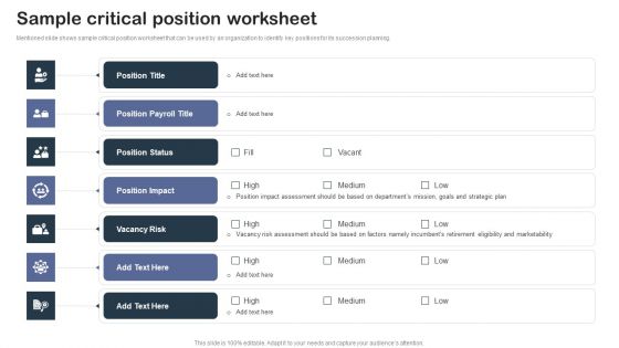 Staff Succession Planning And Development Strategy Sample Critical Position Worksheet Elements PDF