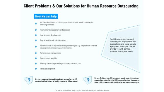 Staffing Offshoring Proposal Client Problems And Our Solutions For Human Resource Outsourcing Ppt Layouts Design Ideas PDF Staffing Offshoring Proposal Client Problems And Our Solutions For Human Resource Outsourcing Ppt Layouts Design Ideas PDF