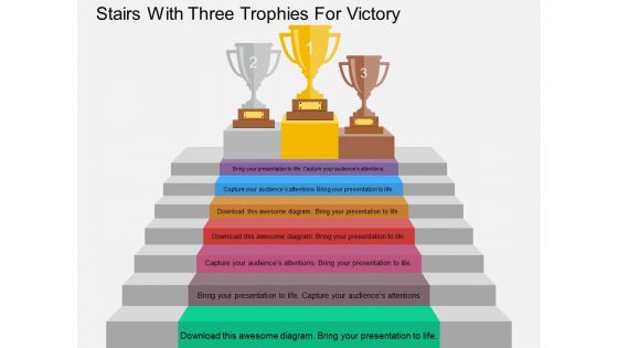 Stairs With Three Trophies For Victory Powerpoint Template