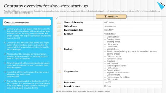 Start Up Summary For Shoe Business Company Overview For Shoe Store Start Up Designs PDF