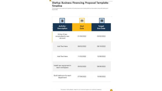 Startup Business Financing Proposal Template Timeline One Pager Sample Example Document