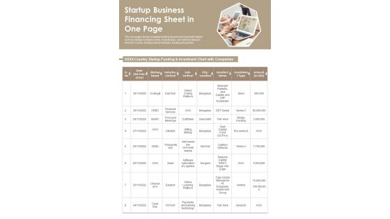 Startup Business Financing Sheet In One Page PDF Document PPT Template