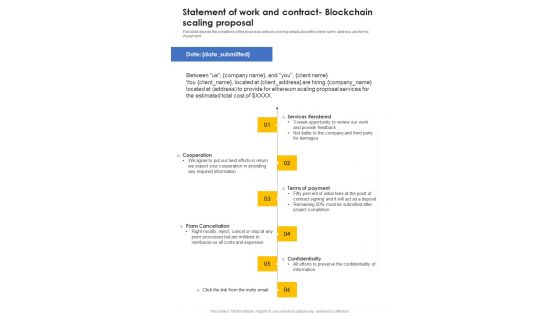 Statement Of Work And Contract Blockchain Scaling Proposal One Pager Sample Example Document