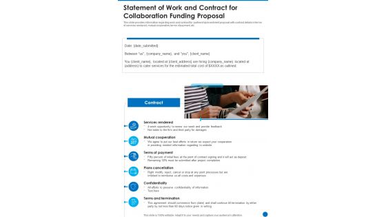 Statement Of Work And Contract For Collaboration Funding Proposal One Pager Sample Example Document Statement Of Work And Contract For Collaboration Funding Proposal One Pager Sample Example Document
