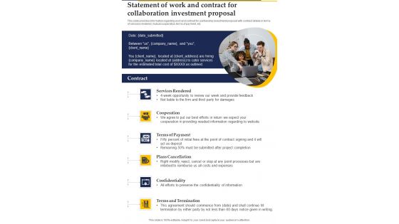 Statement Of Work And Contract For Collaboration Investment Proposal One Pager Sample Example Document Statement Of Work And Contract For Collaboration Investment Proposal One Pager Sample Example Document