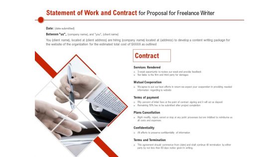 Statement Of Work And Contract For Proposal For Freelance Writer Ppt PowerPoint Presentation Slides Picture PDF