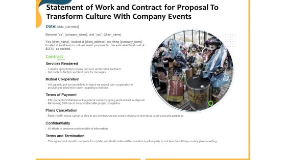 Statement Of Work And Contract For Proposal To Transform Culture With Company Events Ppt Show Example Introduction PDF
