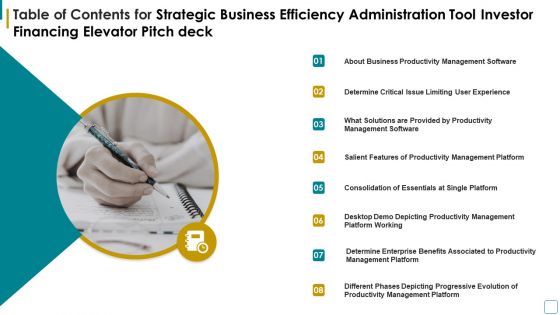 Strategic Business Efficiency Administration Tool Investor Financing Elevator Pitch Deck Table Of Contents For Strategic Sample PDF