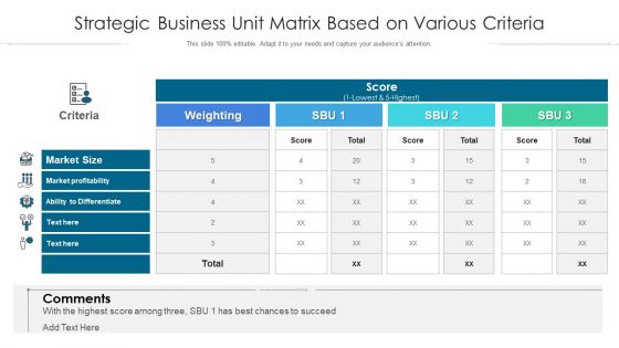 Strategic Business Unit Matrix Based On Various Criteria Ppt Infographics Inspiration PDF