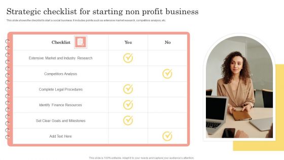 Strategic Checklist For Starting Non Profit Business Icons PDF
