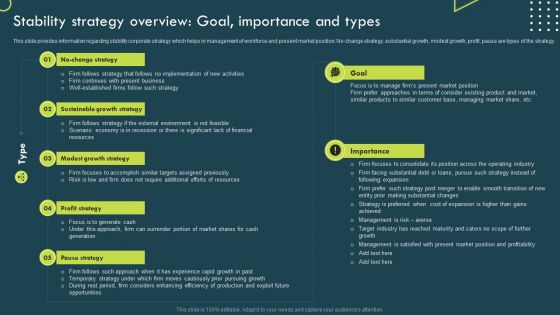 Strategic Corporate Planning To Attain Stability Strategy Overview Goal Importance And Types Portrait PDF
