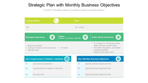 Strategic Plan With Monthly Business Objectives Ppt PowerPoint Presentation Gallery Infographics PDF