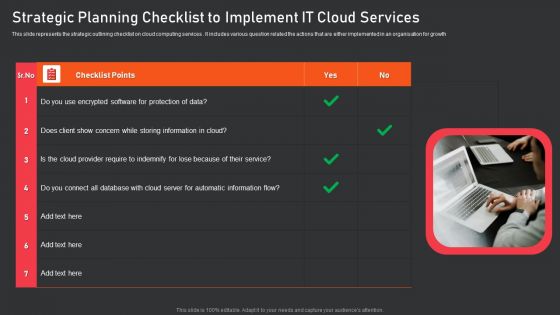 Strategic Planning Checklist To Implement IT Cloud Services Mockup PDF