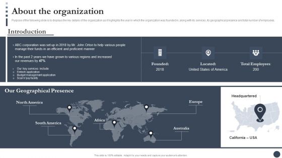 Strategic Playbook For Enterprise Administration About The Organization Template PDF