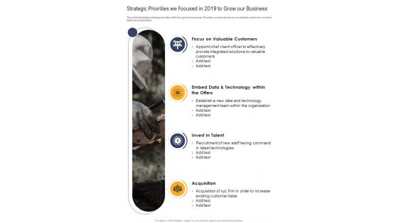 Strategic Priorities We Focused In 2019 To Grow Our Business One Pager Documents