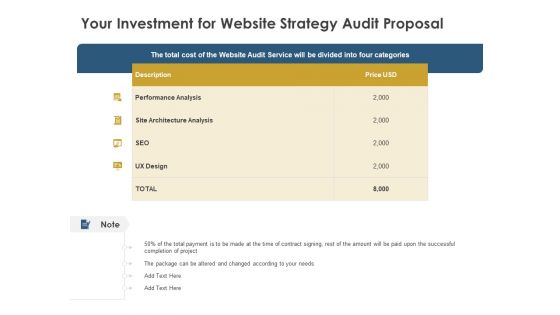 Strategic SEO Audit Your Investment For Website Strategy Audit Proposal Elements PDF