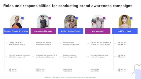 Strategies For Marketing Roles And Responsibilities For Conducting Brand Awareness Graphics PDF