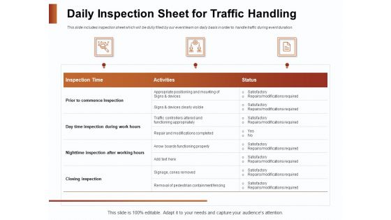 Strategies For Organizing Events Daily Inspection Sheet For Traffic Handling Ppt PowerPoint Presentation Outline Deck PDF