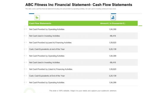 Strategies To Enter Physical Fitness Club Business ABC Fitness Inc Financial Statement Cash Flow Statements Demonstration PDF