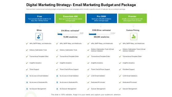 Strategies To Enter Physical Fitness Club Business Digital Marketing Strategy Email Marketing Budget And Package Information PDF