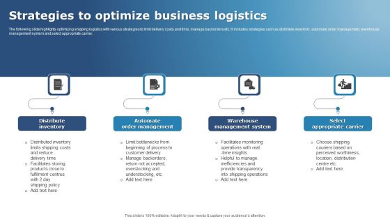 Strategies To Optimize Business Logistics Icons PDF