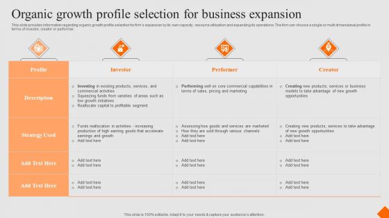 Success Strategy Development Playbook Organic Growth Profile Selection For Business Expansion Professional PDF
