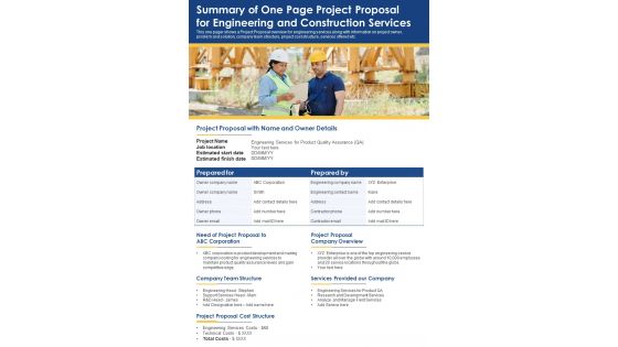 Summary Of One Page Project Proposal For Engineering And Construction Services PDF Document PPT Template