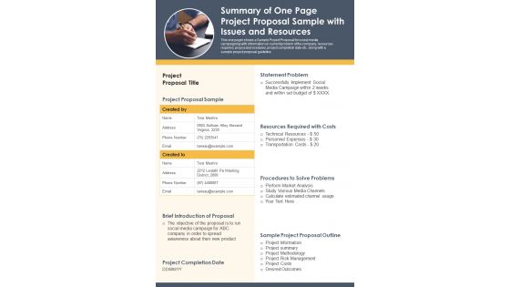 Summary Of One Page Project Proposal Sample With Issues And Resources PDF Document PPT Template