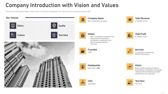 Surge In Construction Faults Lawsuits Case Competition Company Introduction With Vision And Values Formats PDF