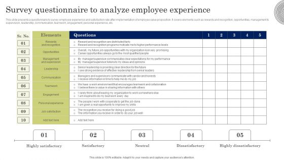 Survey Questionnaire To Analyze Employee Experience Diagrams PDF