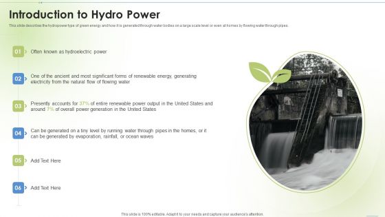 Sustainable Energy Introduction To Hydro Power Ppt PowerPoint Presentation Infographic Template Structure PDF