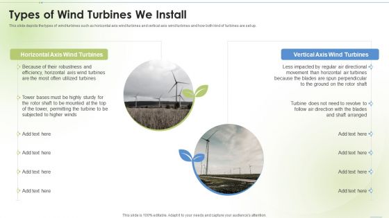Sustainable Energy Types Of Wind Turbines We Install Ppt PowerPoint Presentation Ideas Layout Ideas PDF