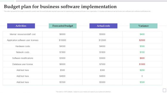 System Deployment Project Budget Plan For Business Software Implementation Professional PDF