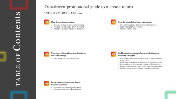 TABLE OF Contents Datadriven Promotional Guide To Increase Return On Investment Graphics PDF