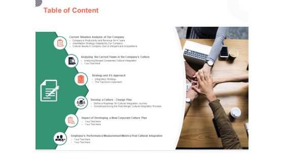 Table Of Content Cultural Integration In Company Ppt PowerPoint Presentation Ideas Introduction PDF