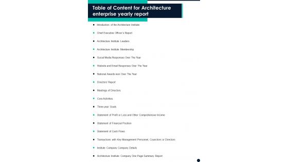 Table Of Content For Architecture Enterprise Yearly Report One Pager Documents