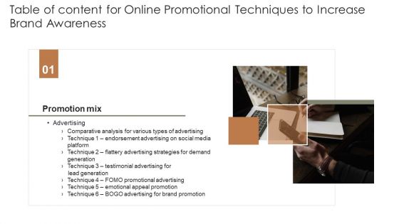Table Of Content For Online Promotional Techniques To Increase Brand Awareness Tips Clipart PDF