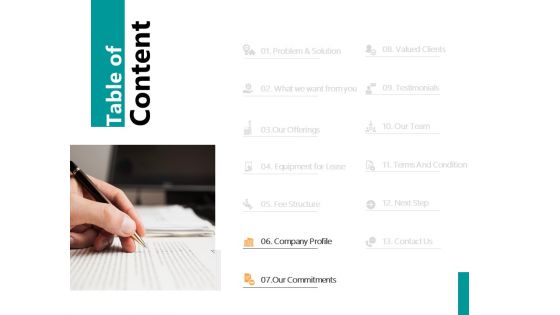 Table Of Content Slide Commitments Ppt PowerPoint Presentation Summary Background Image