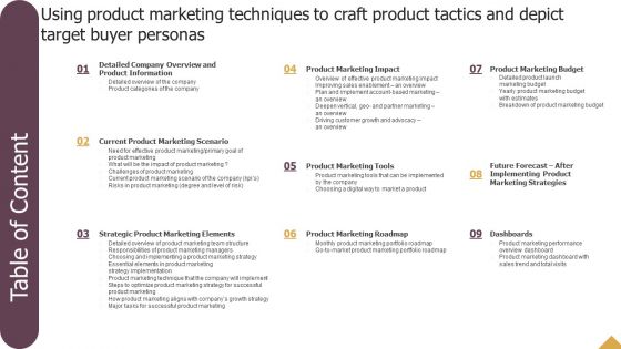 Table Of Content Using Product Marketing Techniques To Craft Product Tactics And Depict Target Buyer Personas Background PDF