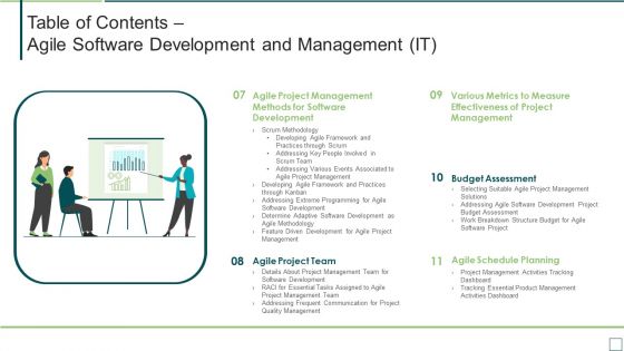 Table Of Contents Agile Software Development And Management IT Slide Clipart PDF
