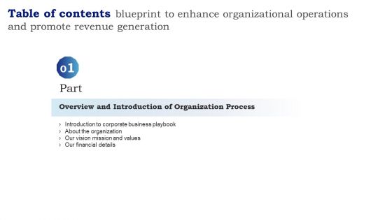 Table Of Contents Blueprint Enhance Organizational Operations Promote Revenue Generation Vision Template PDF