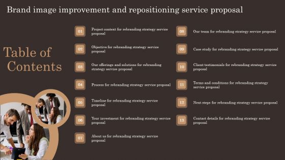 Table Of Contents Brand Image Improvement And Repositioning Service Proposal Elements PDF Table Of Contents Brand Image Improvement And Repositioning Service Proposal Elements PDF