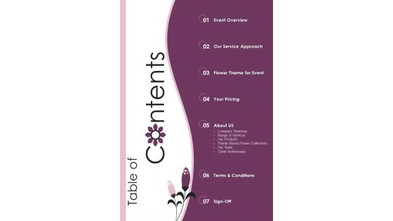 Table Of Contents Business Proposal For Event Florist Enterprise One Pager Sample Example Document