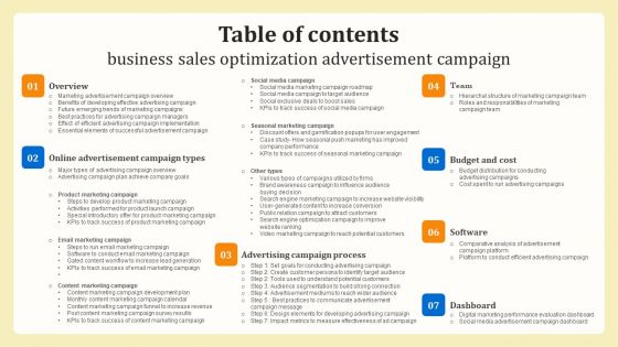 Table Of Contents Business Sales Optimization Advertisement Campaign Demonstration PDF