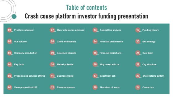 Table Of Contents Crash Couse Platform Investor Funding Presentation Information PDF