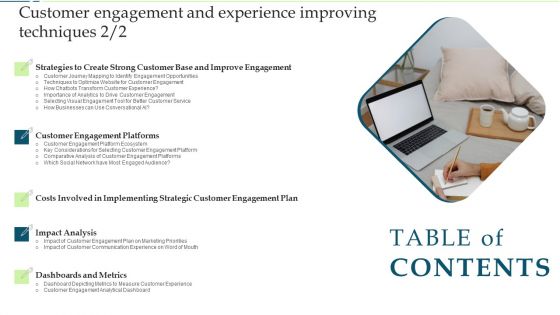 Table Of Contents Customer Engagement And Experience Improving Techniques Formats PDF