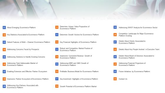 Table Of Contents Ecommerce Platforms Fundraising Pitch Deck For Investors Background PDF