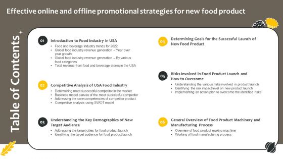 Table Of Contents Effective Online And Offline Promotional Strategies For New Food Product Themes PDF