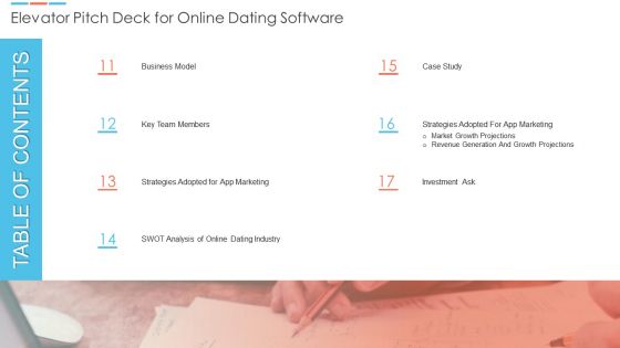 Table Of Contents Elevator Pitch Deck For Online Dating Software Ppt PowerPoint Presentation File Format PDF