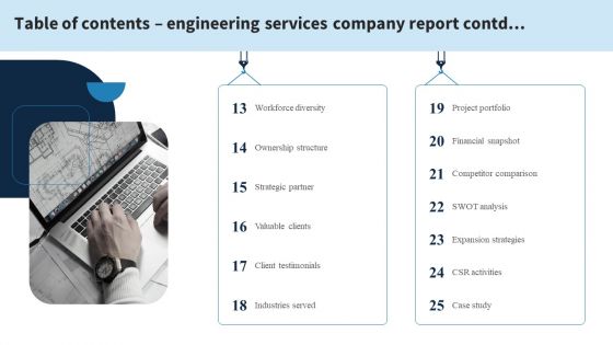 Table Of Contents Engineering Services Company Report Ppt PowerPoint Presentation Gallery Format Ideas PDF